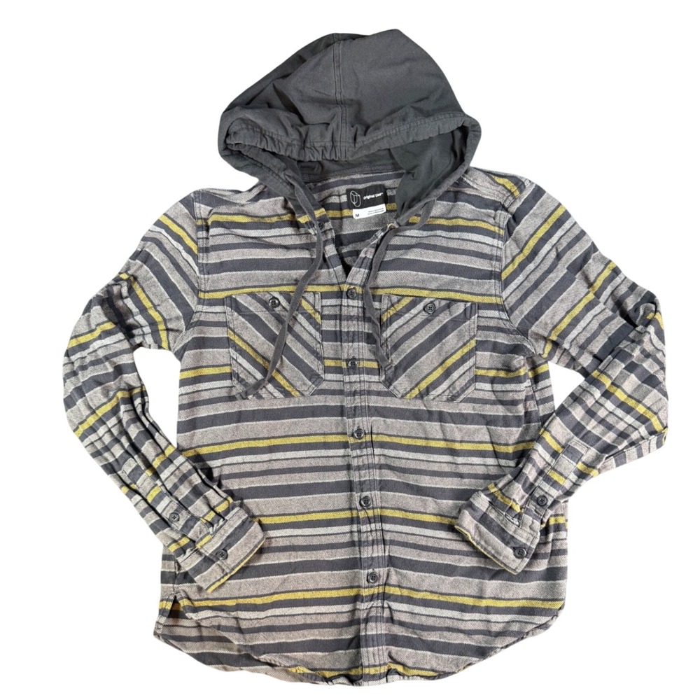 Original Use Mens Striped Hooded Cotton Shirt Gray Yellow Long Sleeve M